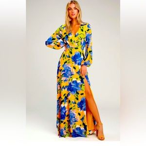 NWT Lulus Carolita Yellow Floral Print Long Sleeve Maxi Dress